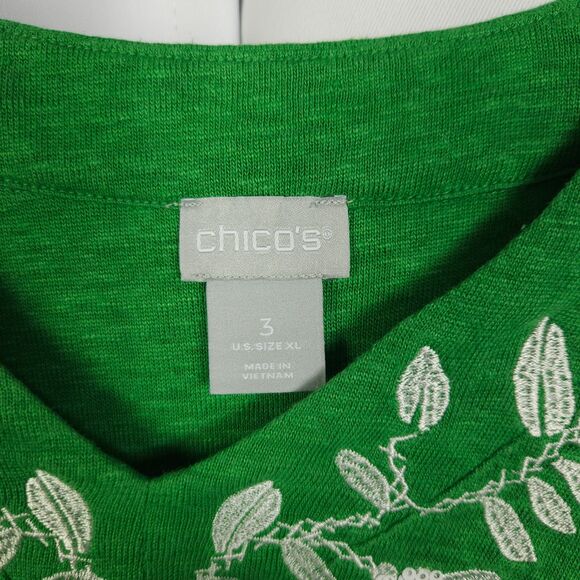 Chicos 3 Womens XL Green Linen V-Neck Embroidered Floral 3/4 Sleeve Shirt Blouse - Picture 2 of 7